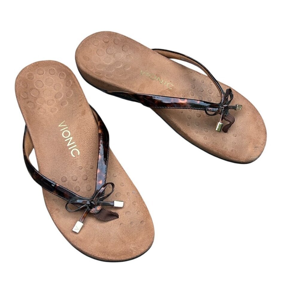 Vionic Belle II Tortoise Print Bow Toe Post Thong Sandals Size 8